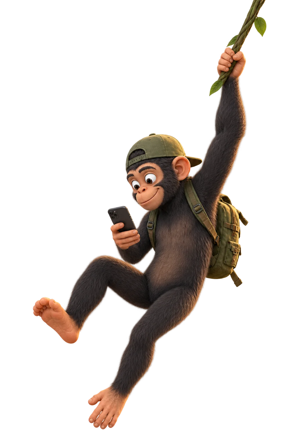 the chimpanzee mascot swinging from a vine, looking at a phone